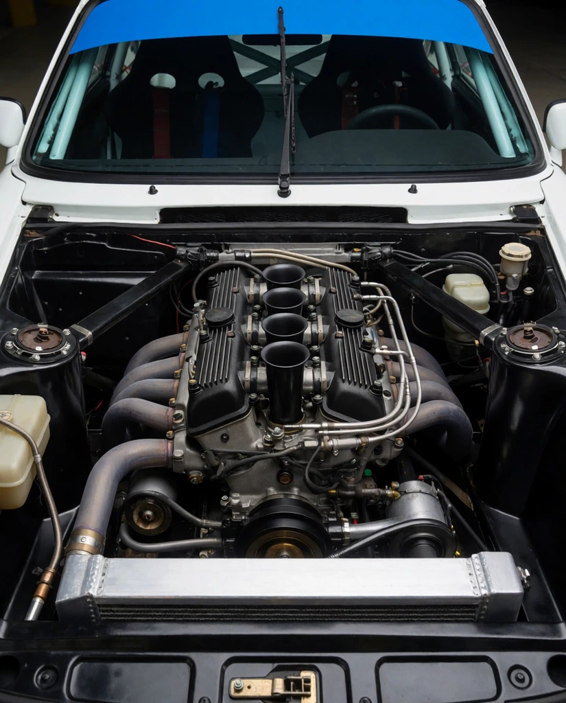 A top-down view into the black engine bay of a white racing car, exposing a meticulously assembled inline-four engine. The central block features ribbed metallic valve covers and four prominent black intake velocity stacks, flanked by thick grey exhaust headers, silver braided lines, and fluid reservoirs. Black strut towers and a lower aluminum radiator frame the assembly. The upper edge reveals a slanted windshield with a solid blue sun strip and vertical wiper blade. Sharp, even lighting highlights the complex automotive engineering and metallic textures.
