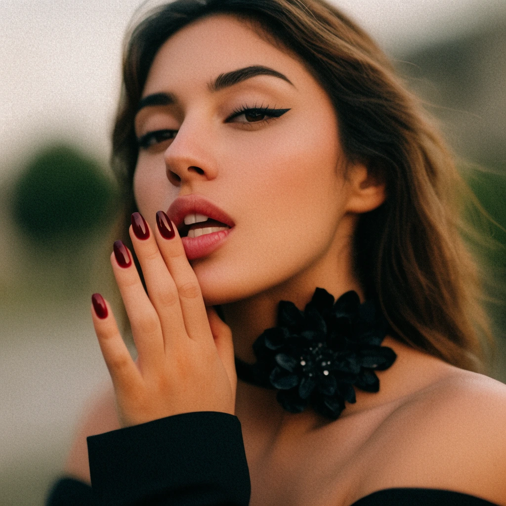 A close-up portrait of a woman with winged eyeliner and glossy dark red nails resting against her parted lips. She wears a black off-the-shoulder garment and a prominent black floral choker. Heavy film grain, soft natural lighting, and a shallow depth of field isolate her warm skin tones against a softly blurred, muted outdoor background.
