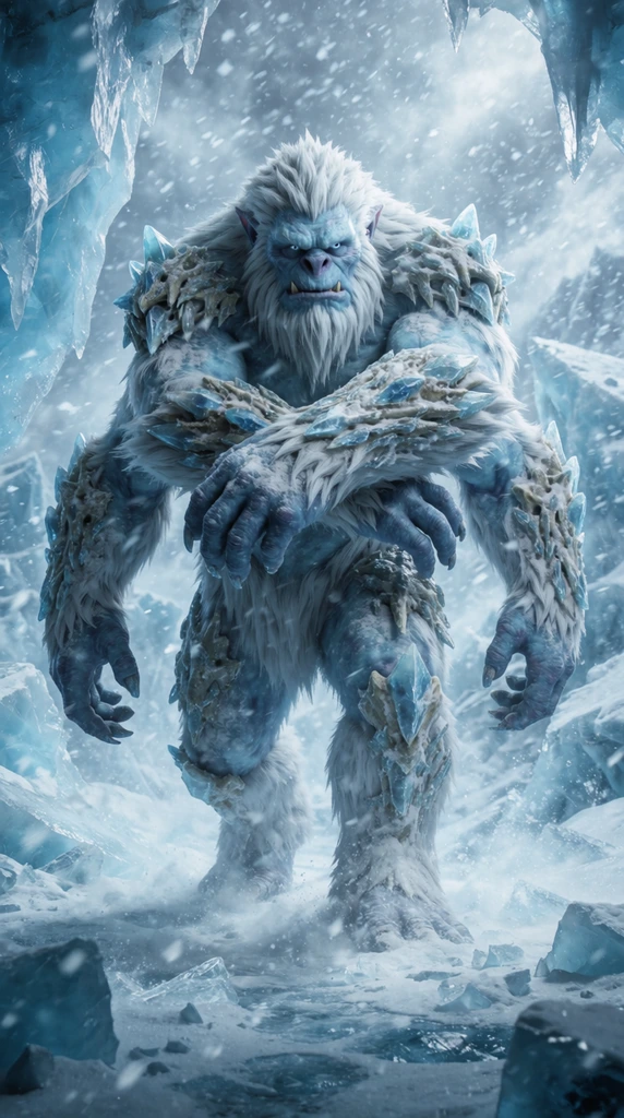 A hulking four-armed yeti-behemoth with icy blue fur and crystalline bone armor lumbers forward, crossing two massive forelimbs over its chest. It stands in a shattered ice cave amid a blinding blizzard with fractured glaciers and swirling snow. Gritty cinematic lighting casts deep shadows across the frost-covered textures in a wide anamorphic composition.