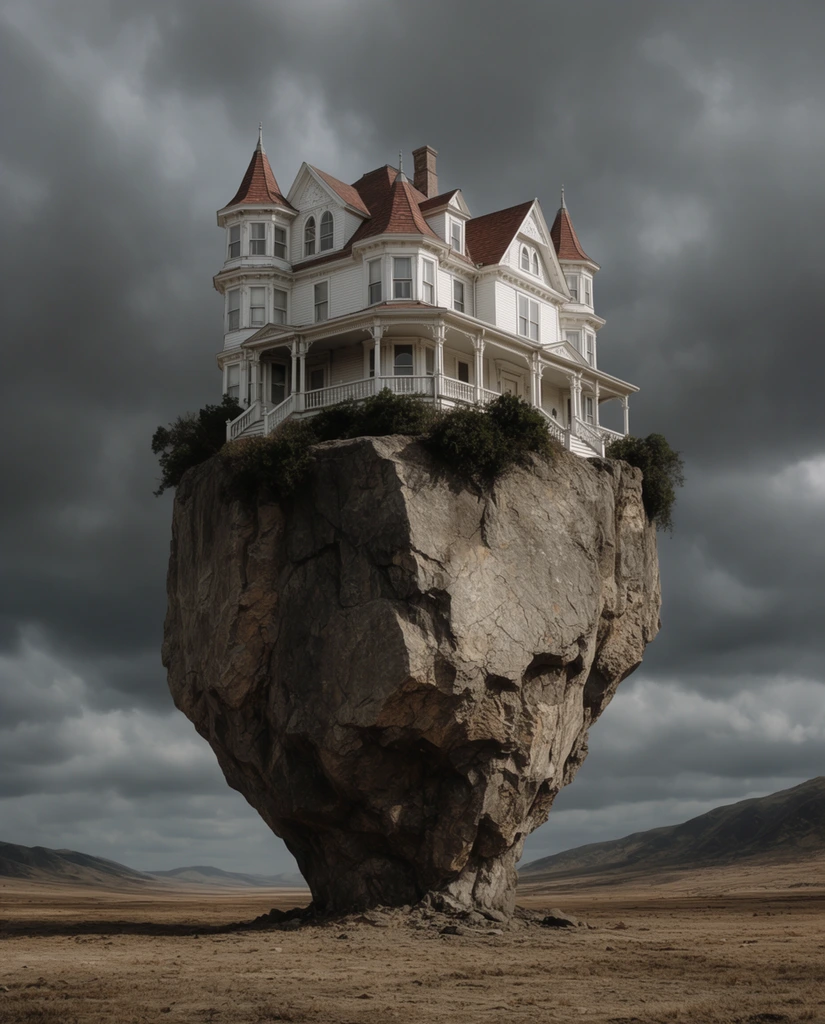 A grand white Victorian house sits atop a towering, top-heavy stone pillar centered in a barren landscape. The ornate multi-story dwelling features a wrap-around porch, red-shingled roof, pointed turrets, and dormer windows. Dark green shrubs cling to the precipice around the foundation. The massive, jagged boulder narrows drastically at its base on flat, dry earth bordered by distant hills. Heavy dark gray storm clouds fill the overcast sky, contrasting starkly with the brightly lit white siding. The highly detailed, realistic composition uses a low angle to emphasize the surreal isolation of the structure within the empty plains, rendered in an earthy palette of muted browns, slate grays, and stark whites.