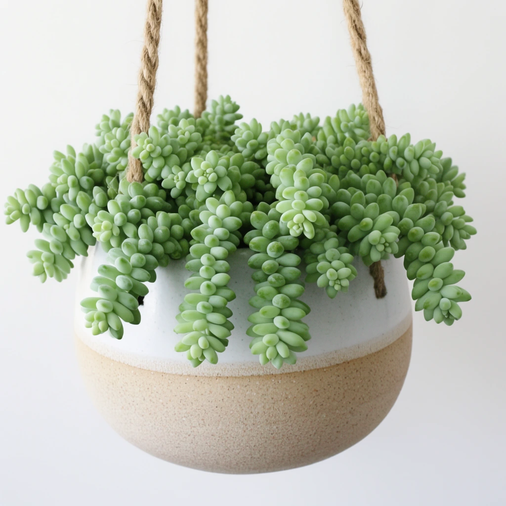 Lush burro's tail succulent in a round two-toned ceramic hanging planter, dense trailing stems with plump pale green teardrop leaves, suspended by two thick twisted jute ropes, plain white background, soft diffused daylight, modern minimalist photography, centered composition