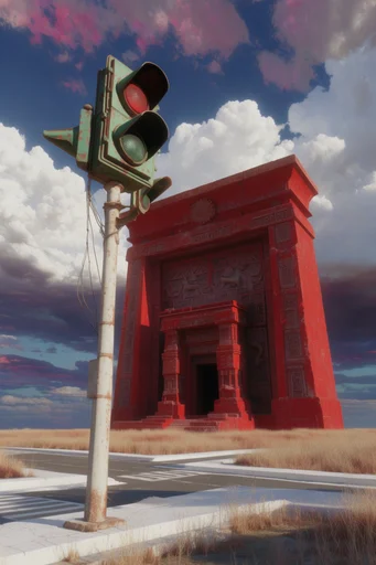 Crimson Surreal Monoliths style reference image — monolithic brutalist architecture