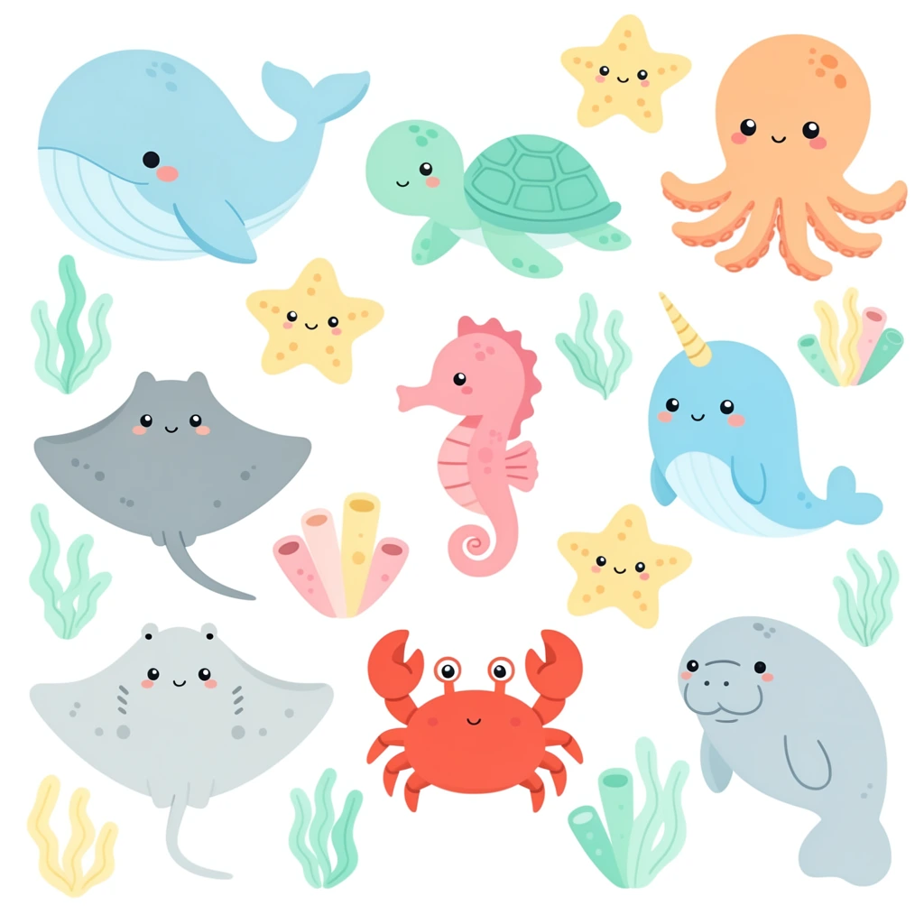 A horizontal array of adorable, cartoon-style marine animals and aquatic plants floating against a solid white background. The diverse gathering features pale blue whales, mint green turtles, soft orange octopuses, yellow starfish, pink seahorses, grey stingrays, a red crab, a blue narwhal, and a manatee. Every creature shares a kawaii aesthetic, bearing tiny black beady eyes, rosy cheeks, and a small smile. Scattered among them are stylized seaweeds and tubular corals in matching pastel greens, yellows, and pinks. Rendered as flat vector illustrations, the artwork utilizes smooth curves, solid colors without outlines, and a harmonious pastel palette to unify the loose, three-row grid composition into a cheerful, cohesive visual.