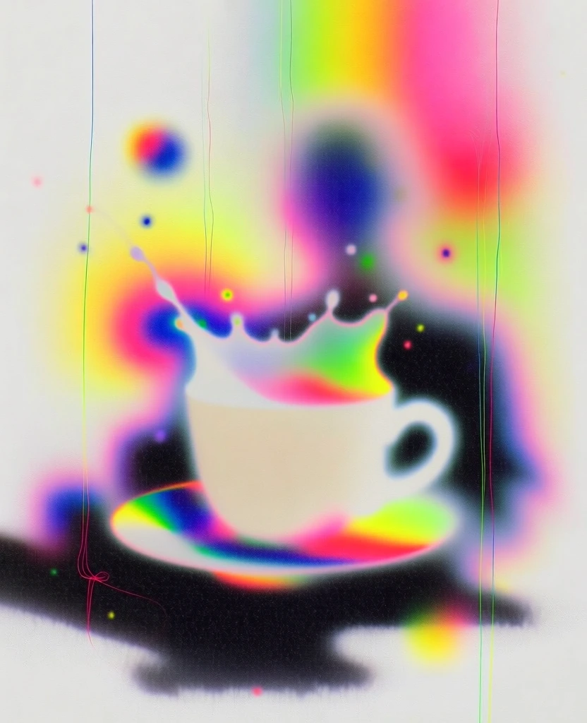 ceramic cup on saucer with liquid splashing upward forming a crown shape, ethereal soft-focus dreamlike aesthetic, blurred silhouette with vibrant glowing aura, neon pastel gradients of hot pink yellow cyan and lime green, grainy digital noise texture, subtle chromatic aberration, thin glowing vertical lines and floating bokeh orbs, dark grainy ground with high contrast light, airbrushed spray paint effect, fluid motion captured in a hazy ethereal glow, surreal psychedelic lighting.