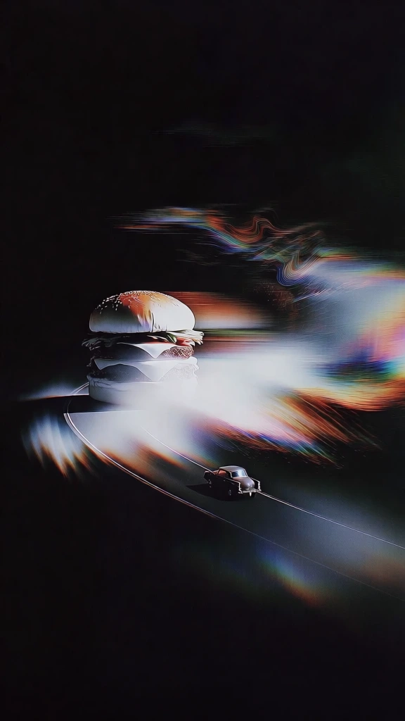 a monumental burger resting on a curving cosmic highway suspended in a pitch-black void, a tiny vintage coupe navigating the road, composition defined by dramatic horizontal slit-scan motion blur, sharp subject definition on the left transitioning into fluid prismatic smears and iridescent light trails to the right, high-contrast chiaroscuro lighting, liquid-like chromatic aberration, pearlescent highlights, ethereal long-exposure streaks, surrealist dreamlike atmosphere.