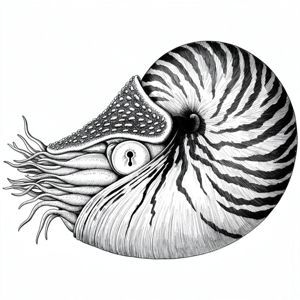 A stark black-and-white pen and ink illustration of a chambered nautilus in profile, isolated against a solid white background. The spiraled shell dominates the right side, rendered with dynamic, radiating stripes using meticulous contour hatching and deep shadow at the central whorl. Emerging from the left aperture is the creature's soft anatomy, featuring a prominent circular eye with a keyhole-shaped pupil. Above the eye, a protective hood is heavily textured with stippled, pebbled patterns. A dense cluster of sinuous, flowing tentacles reaches outward, detailed with fine, wavy parallel lines. The image employs a crisp, high-contrast scientific etching aesthetic.