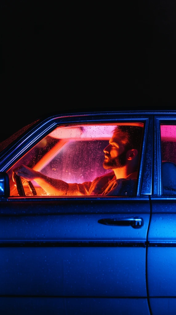 side profile of a vintage car at night, deep blue exterior lighting, bearded man inside illuminated by an intense warm orange and pink interior glow, pitch black background, raindrops on glass, neon noir aesthetic, cinematic high contrast photography