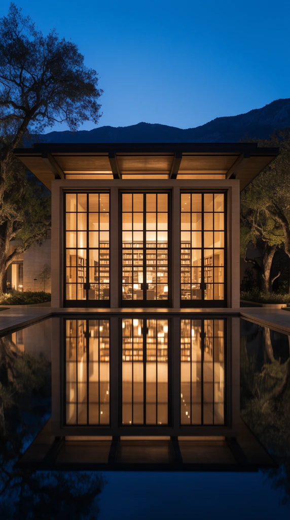modern rectangular building at twilight, three massive multi-paned glass doors glowing with warm interior lighting, perfect mirrored reflection in a still dark pool foreground, deep blue evening sky, silhouetted mountain range, interior space with bookshelves, flat roof with deep overhangs, framing mature trees, architectural photography, symmetrical composition, high contrast warm and cool tones