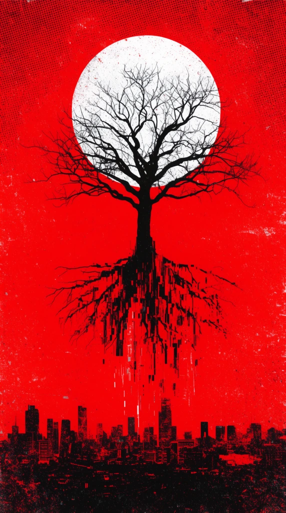 black silhouette floating leafless tree, dripping glitch artifact roots, stark white circular moon, solid vibrant red background, low black silhouette cityscape, high-contrast screen-print, distressed grunge texture, halftone pattern, surreal graphic style