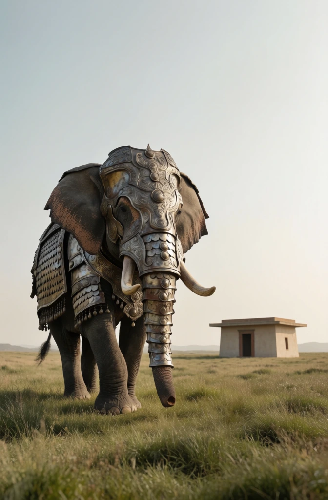 surreal cinematic wide shot, grainy 35mm film aesthetic, muted vintage color palette, dusty blues and desaturated earth tones, soft diffused natural daylight, majestic elephant adorned in intricate weathered metallic armor walking slowly through a vast grassy field towards a minimalist brutalist building, minimalist composition with a large expanse of hazy sky, ethereal dreamlike atmosphere, lo-fi texture, subtle light leaks, high-fashion editorial surrealism.