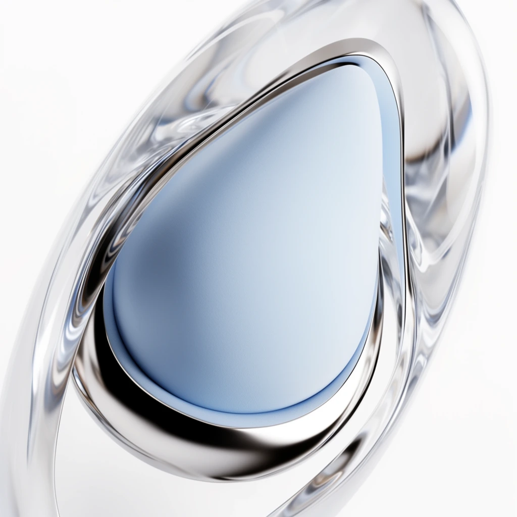 An abstract, aerodynamic 3D form against a pure white background. A teardrop-shaped cavity with a matte pale blue interior is framed by a highly polished, reflective chrome rim. A translucent, glass-like shell curves fluidly over the metallic structure, generating smooth optical distortions. The macro composition highlights futuristic minimalism and the textural contrast between the soft pastel center, liquid silver edges, and transparent crystalline layers under brilliant high-key studio lighting.