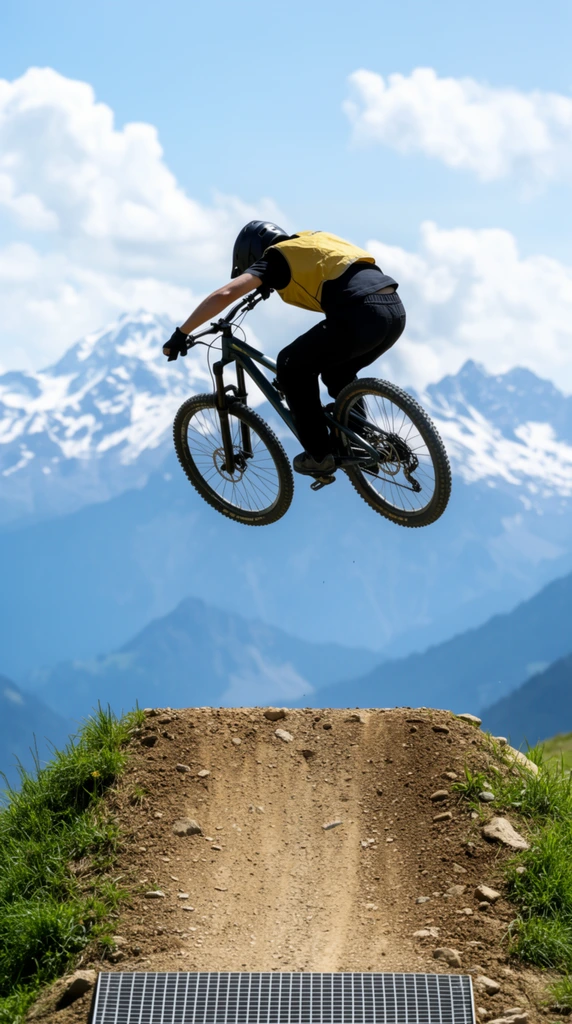 A mountain biker suspended mid-air above a steep dirt ramp against a majestic backdrop of snow-capped peaks. The rider wears a black helmet, dark top, yellow vest, and black pants, leaning aggressively over the airborne dark bicycle with one arm extended. The foreground features a rugged dirt takeoff ramp edged with green grass and a metal grate at the base. Hazy blue mountains and a bright sky with scattered clouds fill the background. Captured from a dramatic low angle using a fast shutter speed, freezing the extreme action in crisp daylight.