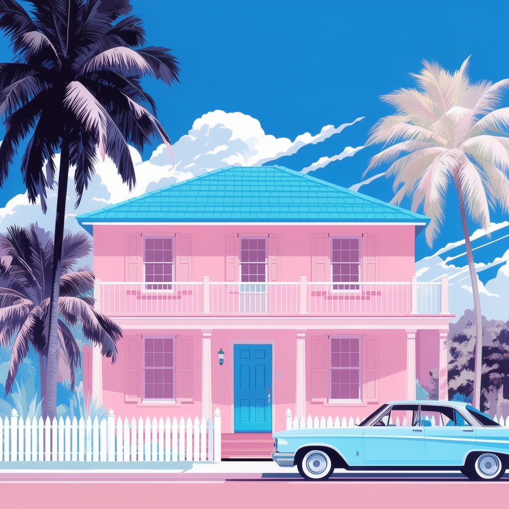 pastel pink two-story house with cyan roof and door, vintage light blue car parked by a white picket fence, tall palm trees with dark and pale fronds, second floor balcony, vibrant blue sky with stylized white clouds, flat vector art rendering, retro vaporwave aesthetic, pastel color palette, crisp lines
