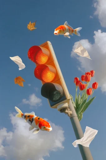 Whimsical Azure Surrealism style reference image — vibrant blue sky