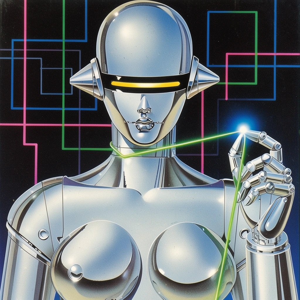 A retro-futuristic airbrush illustration of a sleek silver metallic gynoid against a dark geometric background. The polished chrome android features conical ear protrusions, mechanical lips, and a horizontal black visor emitting a glowing yellow slit. Its articulated torso displays prominent rounded chest plates. One segmented hand delicately pinches a taut glowing neon green laser string, a bright blue light shining from the index fingertip. The black background contains a glowing circuit board schematic of thin neon pink, green, and blue intersecting square pathways. The composition highlights smooth, high-contrast metallic reflections characteristic of a vintage 1980s sci-fi aesthetic.