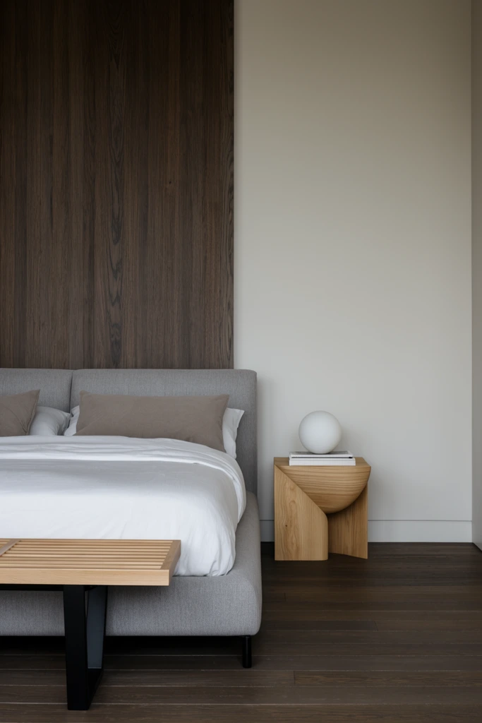 Minimalist bedroom corner featuring a grey fabric bed, white linens, and taupe pillows. A sculptural light wood nightstand holds a white globe lamp resting on books. A slatted wood bench with black legs sits front left. Walls are vertically split between dark wood paneling and flat off-white paint over dark brown plank floors. Soft diffused lighting highlights clean architectural lines and an earthy palette.