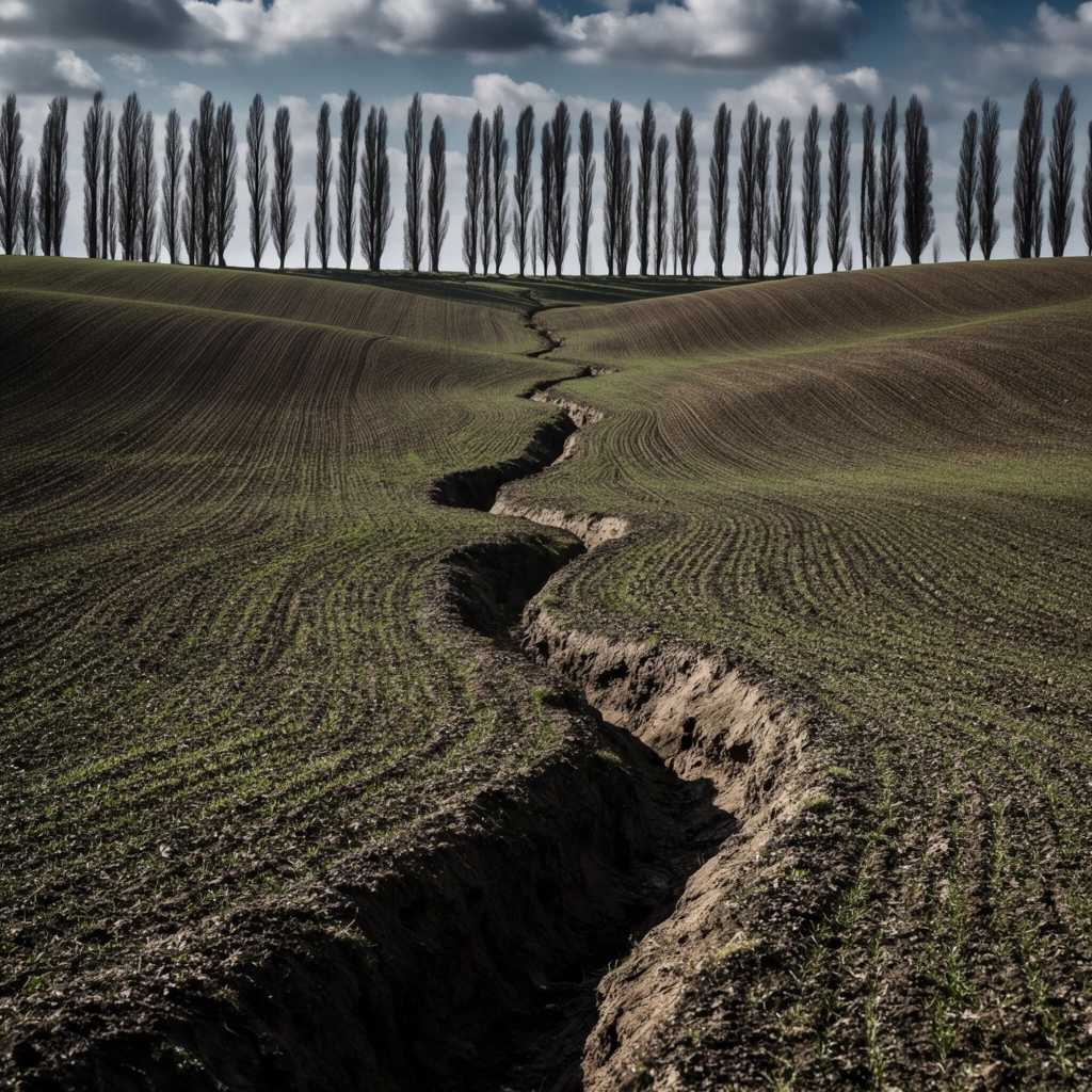 A vast undulating field is bisected by a deep, sinuous earthen trench winding toward a distant ridge. A regimented row of tall, dark, slender trees lines the horizon against a dramatic, partly cloudy sky. Sweeping parallel agricultural furrows texture the rolling terrain, revealing sparse green vegetation over damp dark soil. High-contrast natural sunlight casts broad shadows across the contoured landscape. Deep depth of field emphasizes the stark contrast between the jagged earthen fissure and the rigid, uniform verticality of the distant tree line in a muted earthy palette.