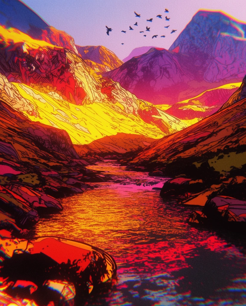 A sweeping river valley nestled between rugged, towering mountains, with a flock of birds flying overhead against the sky, rendered in a striking, heavily stylized cel-shaded aesthetic. The landscape is defined by bold, graphic black ink outlines of varying thicknesses, with stark black cross-hatching and solid black pools of shadow carving out the topography of the rocky peaks and the flowing surface of the water. The lighting is extremely dramatic and intensely vibrant, washing the natural scene in glowing, neon-tinged hues. Brilliant, luminous yellows and searing oranges highlight the peaks and valley floor, clashing violently against deep, highly saturated magenta, crimson, and violet shadows. The lighting and color grading are heavily posterized, breaking the light into distinct, unblended graphical bands across the terrain. A heavy layer of digital noise and a pronounced chromatic aberration effect create distinct red and blue color fringing along the bold contour lines, giving the entire vista a gritty, synthetic, comic-book illustration atmosphere.