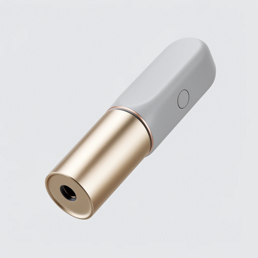 sleek minimalist electronic device floating diagonally against a seamless light grey background, premium industrial design combining a brushed champagne gold cylinder and a matte light grey body with rounded edges, thin rose gold seam separating the components, dark recessed circular port at the front of the metallic cylinder, subtle circular button on the grey side, macro product photography, soft diffused studio lighting, pristine surfaces, sharp focus