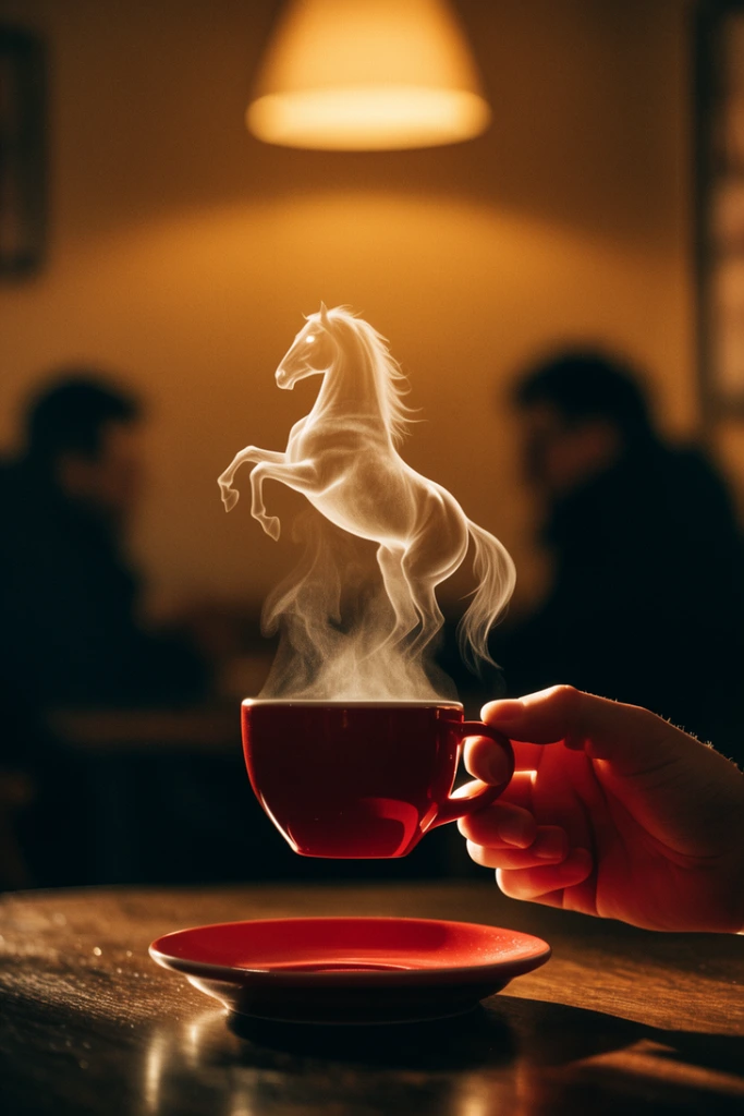 A hand holds a red ceramic cup above a matching saucer on a dark wooden table, with illuminated steam rising to form the shape of a rearing horse. Set in a dimly lit cafe, the cinematic photograph features shallow depth of field and a warm amber color palette. High-contrast lighting casts a dramatic glow on the swirling steam and hand, while the heavily blurred background reveals a soft pendant lamp and the dark silhouettes of two seated figures.