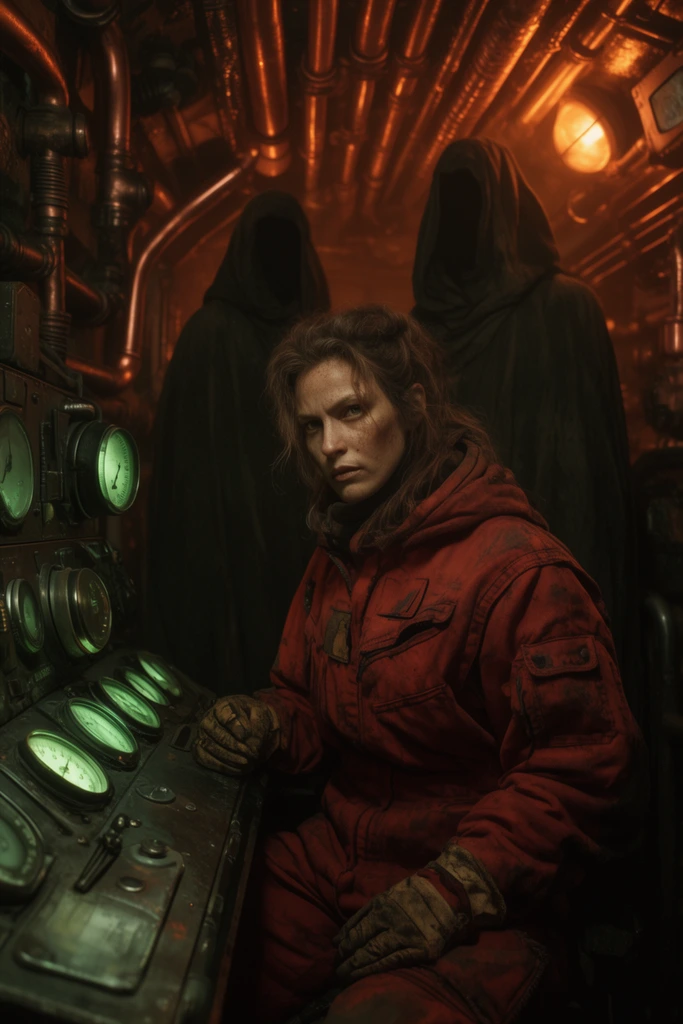 A rugged female mechanic in a thick rust-red jumpsuit sits at a dimly lit metallic console glowing with green analog dials. Behind her, two tall cloaked figures stand in the shadowy, copper-piped submarine interior illuminated by harsh amber lighting.