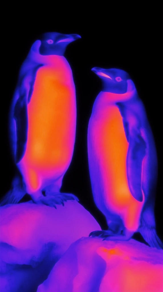Two penguins standing on icebergs rendered in a high-contrast, glowing thermal imaging aesthetic against a solid pitch-black background. The figures of the penguins and the forms of the icebergs are defined by smooth, luminous gradients of intensely saturated neon colors. Deep purples and vivid blues map the outer contours and surfaces, blending seamlessly into brilliant magentas, hot pinks, and radiant neon oranges in the central core areas. The visual treatment features soft, slightly blurred outlines and perfectly smooth color fields characteristic of infrared camera sensors, producing a vivid, heat-mapped composition driven entirely by intensely bright color transitions and glowing, saturated light.