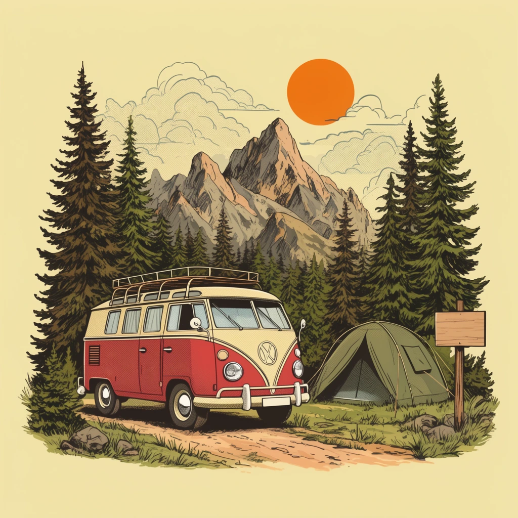 Vintage illustration of a classic two-tone camper van and pitched tent in a mountainous forest, red and cream split-window van with a roof rack on a dirt trail, olive green dome tent, blank wooden signpost, framed by tall pine trees, rugged mountain peaks, stylized clouds, solid orange sun, vector line art, muted earthy palette, halftone dot shading, pale yellow background