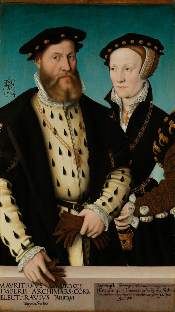 A Renaissance-era double portrait depicts a man and a woman from the waist up against a solid, muted teal-blue background. The man on the left has a full, light-brown beard and mustache, fair skin, and light-colored eyes looking toward the viewer. He wears a flat black cap adorned with a row of gold studs and a heavy black cloak over a cream-colored doublet patterned with black, teardrop-shaped markings. A white lace-edged collar and a thick gold chain are visible at his neck. In his left hand, he holds a pair of brown leather gloves, while his right hand rests near a horizontal ledge at the bottom. To his right, a woman with a pale complexion and a neutral expression faces slightly toward the man. She wears a matching black cap with gold studs over a white lace coif that covers her hair. Her high-necked black gown features puffed sleeves decorated with numerous small, gold metallic ornaments. She wears a thin gold chain around her neck and white ruffled cuffs at her wrists, with her hands clasped together in front of her. At the very bottom of the image, a light-colored horizontal band contains several lines of black text. On the left side of the band, the text includes "MAVRITIVS" and "IMPERII ARCHIMARS... ELECT... RAVIVS" in serif capital letters. On the right side, the text is written in a smaller, darker script and includes phrases such as "Agnes geb..." and "Hertzogin zu Sachsen". On the far left, midway up the man's arm, a small black monogram and the date "1544" are painted on the background. The lighting is even and diffuse, highlighting the intricate textures of the lace, fur patterns, and jewelry within the balanced, symmetrical composition.