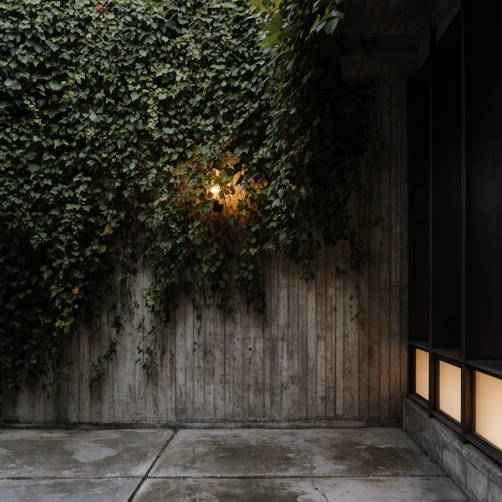 A brutalist concrete wall partially obscured by a dense cascade of green ivy. Vertical formwork lines contrast with the organic foliage. To the right, a dark architectural frame houses low rectangular glowing windows. The floor is made of large, weathered concrete slabs. A warm light fixture is hidden within the leaves. Moody, atmospheric architectural lighting.