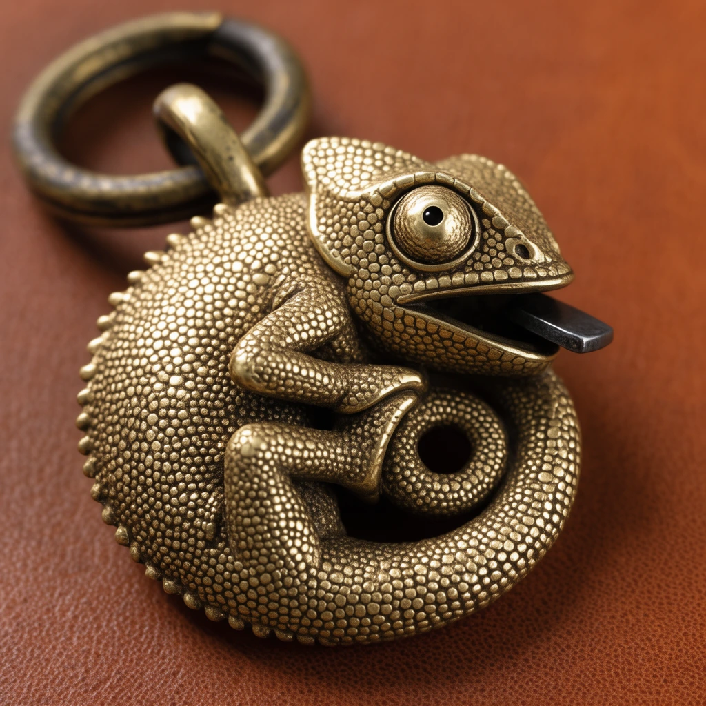 circular brass chameleon pendant, tightly coiled lizard form with intricate beaded scale textures, large domed eye, small dark metal tab extending from the open mouth, attached to a thick weathered brass split ring, positioned against a backdrop of smooth warm brown leather, macro photography, shallow depth of field, rich warm ambient lighting, sharp focus on metallic details