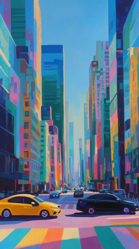 A vibrant, expressionistic painting depicts a bustling city street canyon framed by towering skyscrapers under a clear blue sky. In the foreground, a bright yellow car and a dark vehicle navigate across an intersection marked with broad, colorful crosswalk stripes, while smaller vehicles trail into the distance down the wide avenue. The architectural facades are rendered in flat, geometric planes of highly saturated colors, utilizing a striking palette of cyan, teal, magenta, deep navy, and warm golden yellow to simulate light and shadow reflecting off glass. Thick, painterly brushstrokes create a textured, abstracted interpretation of the urban landscape, emphasizing bold color blocking over precise structural realism.
