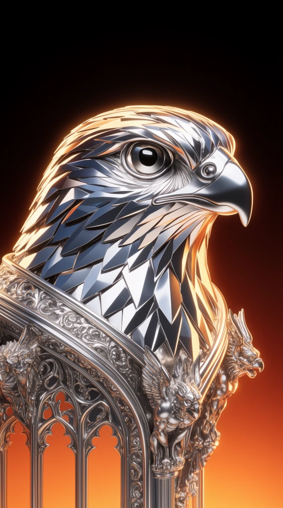 stylized metallic falcon head facing right, angular chrome plumage, mounted on an ornate neo-gothic silver crest, intricate filigree, sculpted gargoyle motifs, highly reflective metal, warm golden rim lighting, black to deep orange gradient background, 3D render