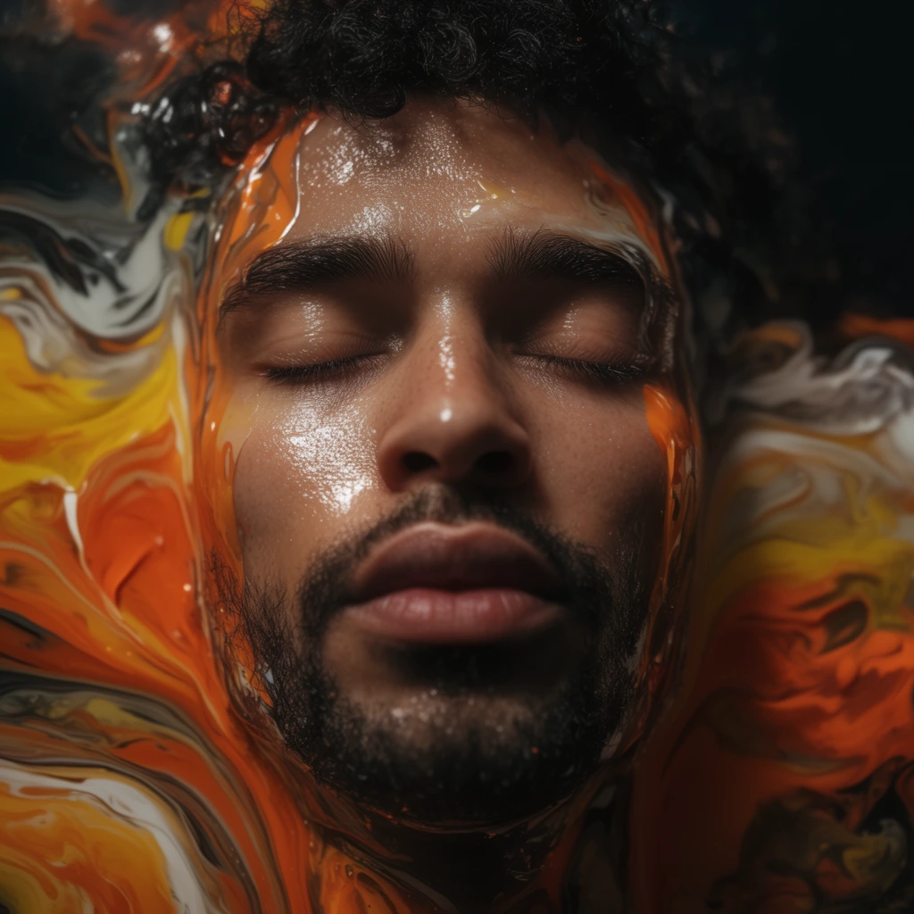 A hyper-realistic portrait of a man with closed eyes, his face framed by swirling, viscous liquids resembling thick orange, yellow, and white paint. He features a short beard, full lips, and glistening wet skin with highly detailed pores. Dark curly hair merges with the glossy, organic fluid dynamics surrounding his head. Dramatic cinematic lighting creates strong highlights on his cheekbones against a deep dark background. The composition employs a macro aesthetic with a shallow depth of field, emphasizing the rich, abstract textures of the liquid.