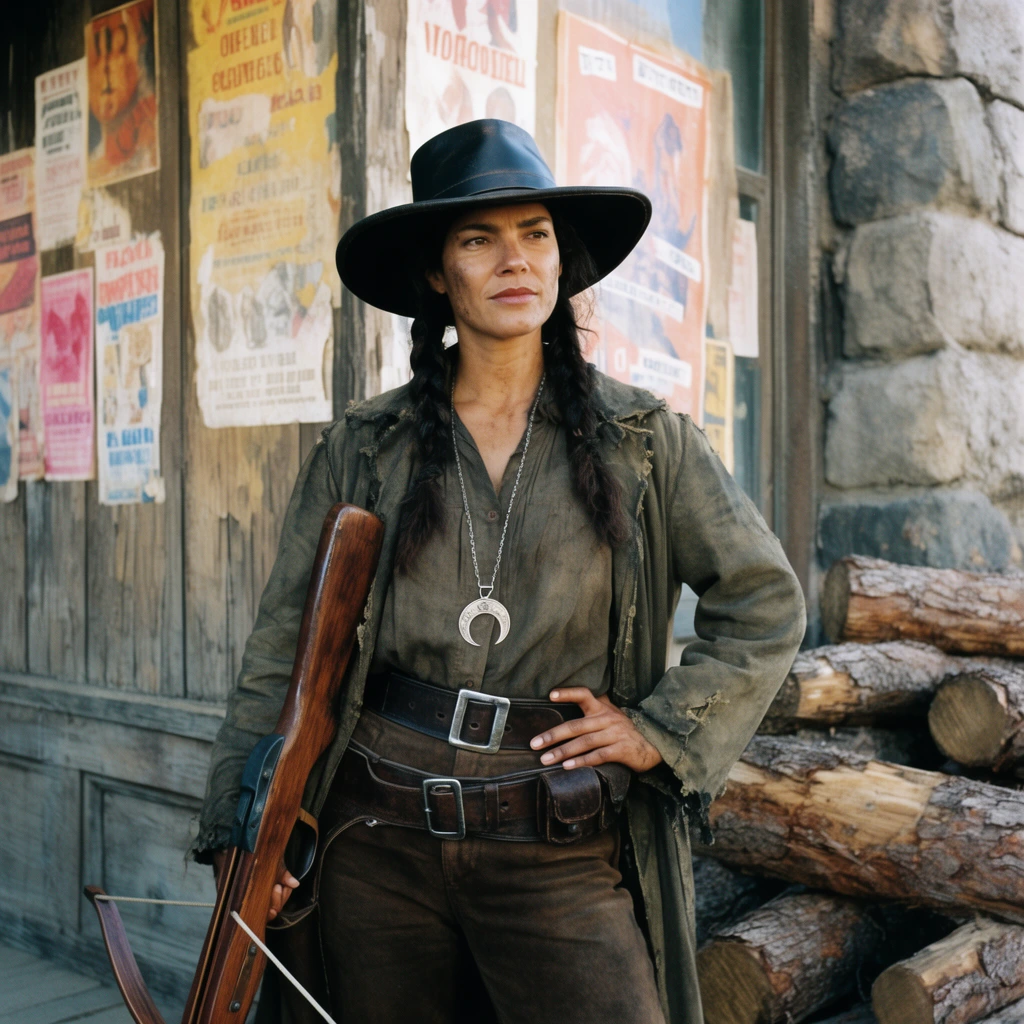 A rugged female frontier marshal with dark braided hair stands confidently, resting a heavy wooden crossbow against her thigh. She wears a wide-brimmed black leather hat, a tattered duster coat, a thick utility belt, and a crescent moon medallion. Behind her is a weathered wooden building facade covered in peeling, wordless colorful posters. A stack of rough-hewn logs rests near an adjacent stone corner. Captured in a classic cinematic medium shot under bright natural daylight, featuring rich earthy tones and subtle film grain.