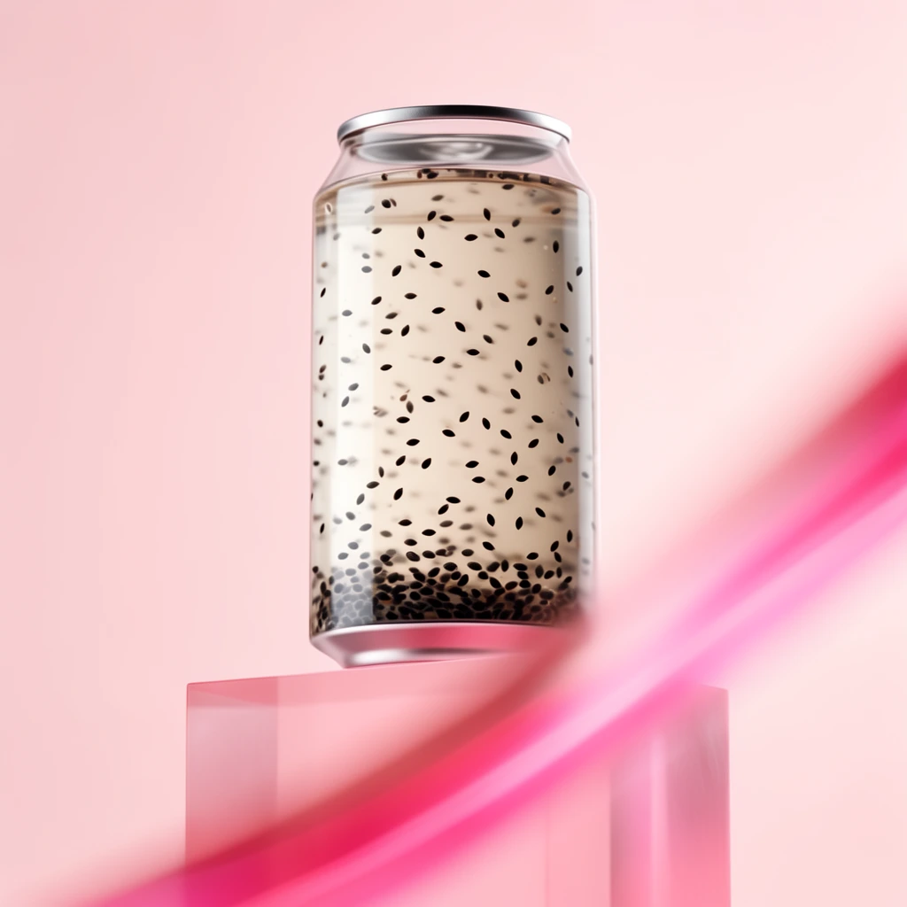 A transparent cylindrical beverage can containing pale liquid and suspended black seeds rests on a translucent pink rectangular plinth. Metallic silver rims cap the can. A blurred, sweeping pink flare cuts diagonally across the foreground against a seamless pastel pink background in a sleek commercial product photography style.