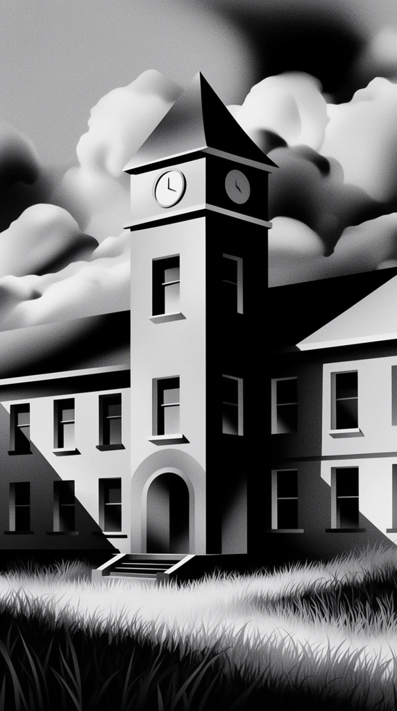 A stark, high-contrast monochrome digital illustration of a multi-story building with a central clock tower, rendered with extreme chiaroscuro and heavy uniform film grain. The architecture features a pitched roof on the tower, an arched entrance with steps at its base, and rows of windows lining the facade, all defined by sharp, geometric shadow casting and pure black shading contrasting against smooth, airbrushed grayscale gradients. Tall grass grows in the foreground, its forms shaped by rigid diagonal lighting and bold graphic minimalism. Billowing clouds fill the background sky, sculpted by soft, surreal gradient transitions between bright white and deep black. The strictly grayscale color palette, combined with the pronounced, tactile noise texture overlaying the entire composition, creates a striking, surrealist graphic design aesthetic emphasizing stark tonal separations, pristine geometric lines, and dramatic volumetric lighting.
