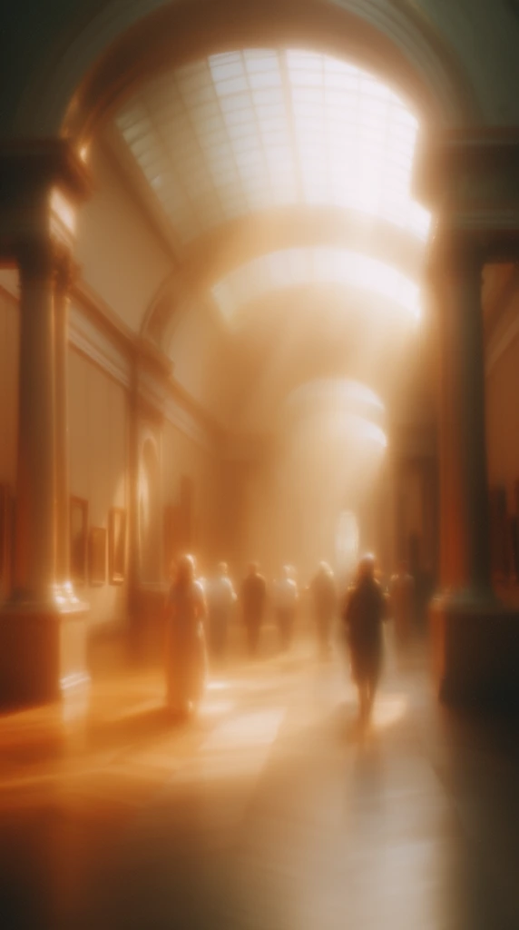 A grand hall with a vaulted glass ceiling is bathed in intensely ethereal, glowing golden light. Towering columns line the sides of the vast space, forming deep arcades with framed paintings hanging along the inner walls. Down the center stretches a patterned floor, where several softly silhouetted people walk through the luminous environment. The scene is rendered in a highly diffused, painterly aesthetic characterized by extreme soft-focus and heavy halation. Intense, warm amber and golden volumetric light rays stream diagonally from above, catching the hazy atmosphere and creating a dreamy, romantic mood. Brilliant blooming highlights soften the edges of the architecture and figures, enveloping the entire space in a magical, radiant wash of burnt orange and soft sepia tones.