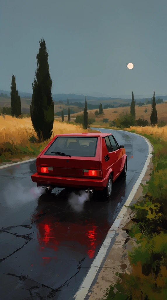 A boxy, retro red hatchback car drives away along a curving, wet asphalt road. The vehicle features sharp geometric lines, glowing red taillights that reflect vividly on the slick, cracked pavement, and light grey exhaust smoke billowing from dual tailpipes. The road bends to the right, bordered by a white shoulder line and patches of rugged green and golden vegetation. The surrounding landscape consists of rolling fields of dry yellow grass interspersed with tall, dark green cypress trees. Distant hills fade into a hazy atmospheric perspective under a muted, overcast slate-blue sky, punctuated by a small, pale sun high on the right. The artwork is a digital painting with visible, expressive brushstrokes, blending a realistic cinematic composition with a moody, atmospheric color palette.