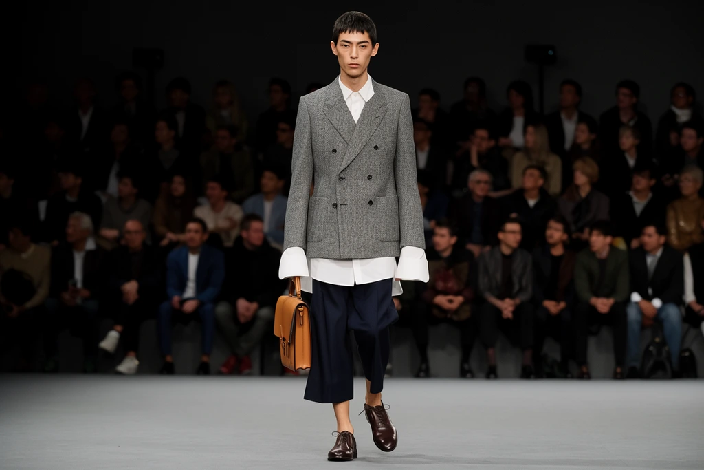 male model striding down a grey runway, grey herringbone double-breasted blazer, elongated white shirt with oversized cuffs and exposed hem, cropped wide-leg navy trousers, bare ankles, dark brown leather oxfords, tan leather briefcase, short dark hair, sharp cheekbones, blurred seated audience in darkened background, bright overhead lighting, sharp focus on fabric textures, shallow depth of field, editorial runway photography