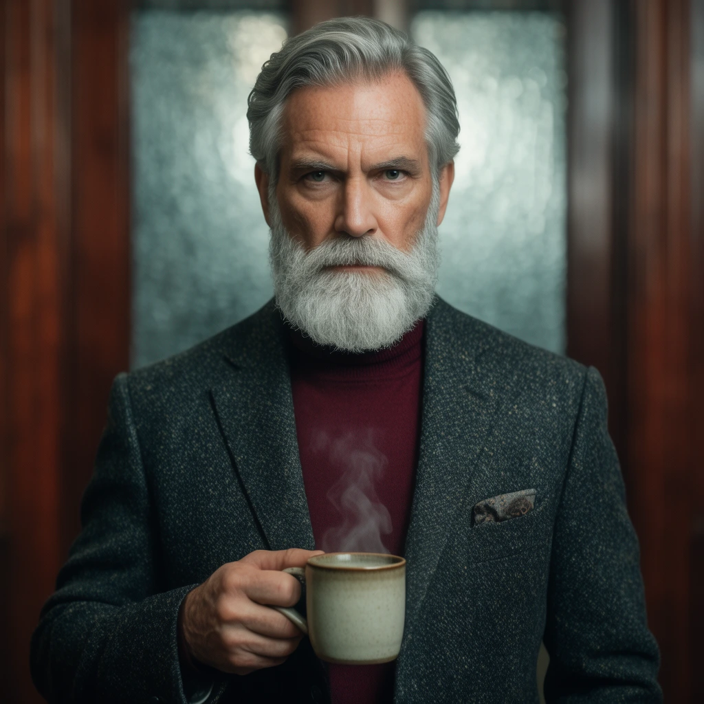 older gentleman with thick silver beard, intense direct stare, wearing tailored charcoal tweed blazer over burgundy turtleneck, holding a steaming ceramic mug, centered symmetrical composition, blurred mahogany panels and frosted glass background, cinematic lighting, shallow depth of field, mid-shot