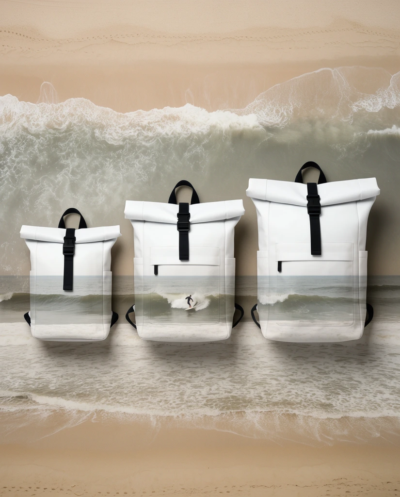 Three white roll-top backpacks with black straps and buckles are arranged side-by-side in ascending order of size against a coastal backdrop. A double exposure effect blends the opaque upper sections of the bags into a semi-transparent lower half, revealing a horizontally spanning ocean scene directly through the material. A tiny surfer rides a crashing wave visible within the turbulent grayish-green water overlaying the bags. The background features smooth beige sand at the top and bottom edges, framing the central band of ocean waves. The composition is a composite flat-lay with soft, diffused lighting and a muted, earthy color palette that highlights the stark white and black contrast of the bags against the natural environment.