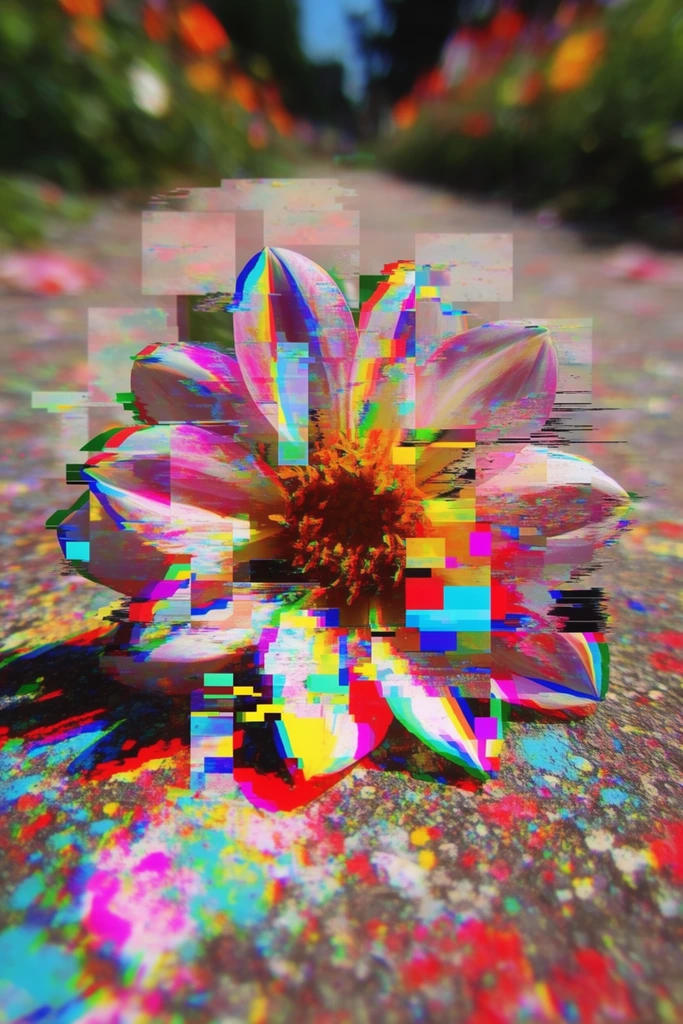 A single flower resting on a splattered path, completely fractured by aggressive, hyper-saturated digital glitch art and databending effects. The solitary blossom sits on a textured walkway speckled with splatters, with its underlying natural forms violently fragmented by overlapping translucent rectangular blocks of corrupted data. Extreme chromatic aberration separates the edges of the petals and the splattered ground into harsh red, blue, and green color channels. Brilliant neon magenta, fluorescent cyan, and acid yellow pixels overwrite large sections of the organic scene, replacing natural shadows and highlights with radiant digital noise. Horizontal tracking lines, jagged digital tears, and pixel sorting distort the perspective, shifting segmented vertical and horizontal slices of the flower out of alignment. The lighting is blown-out and overexposed within the glitch artifacts, producing a chaotic, corrupted-file aesthetic defined by glowing static, intense color banding, and heavy macro pixelation dominating the foreground and background.