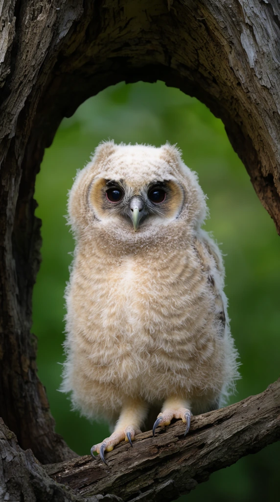 A fluffy juvenile owl perches on a rough branch, naturally framed by a hollow opening in a weathered tree trunk. The bird features soft beige down, dark eyes, and sharp talons. Soft daylight highlights the subject against a softly blurred green foliage background. Sharp wildlife photography.