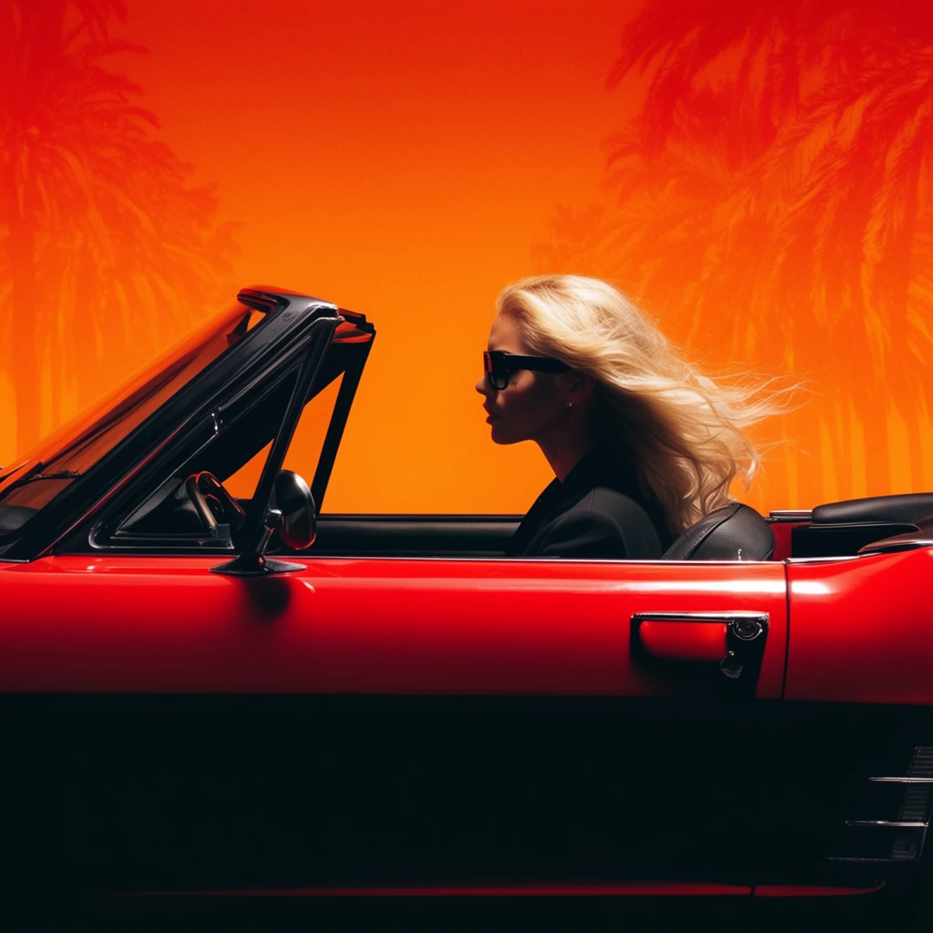 A sleek red classic convertible driven by a blonde woman in dark sunglasses, captured in stark profile. Her hair blows back against a vibrant, saturated orange gradient backdrop featuring faint palm tree silhouettes. Deep black shadows engulf the car's lower half in a high-contrast cinematic style.