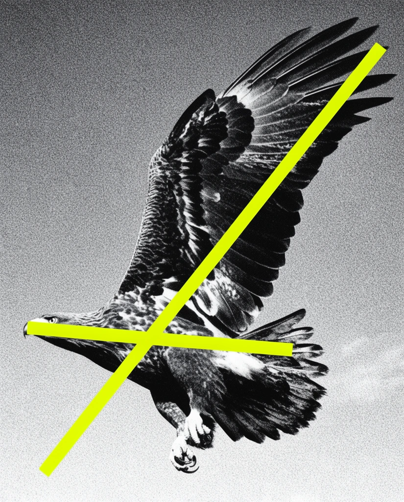 A high-contrast, grainy black-and-white image of an eagle soaring mid-flight, overlaid with a stark neon yellow cross. The bird faces left with its upper wing fully extended, feathers sharply defined against a heavily textured, noisy monochrome sky. One thick, opaque neon yellow line cuts diagonally from the wingtip to the tucked talons, intersected by a horizontal neon line slicing across the body and beak. The visual merges lo-fi vintage photocopy textures with striking graphic elements.