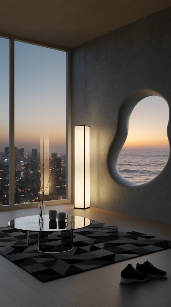 modern minimalist living room interior, round glass coffee table with slender vase and mugs on a black and grey geometric rug, tall glowing rectangular floor lamp, concrete wall with an organic amoeba-shaped cutout framing an ocean sunset, large floor-to-ceiling window showing an illuminated city skyline at twilight, black sneakers on the floor, 3D architectural render, moody lighting