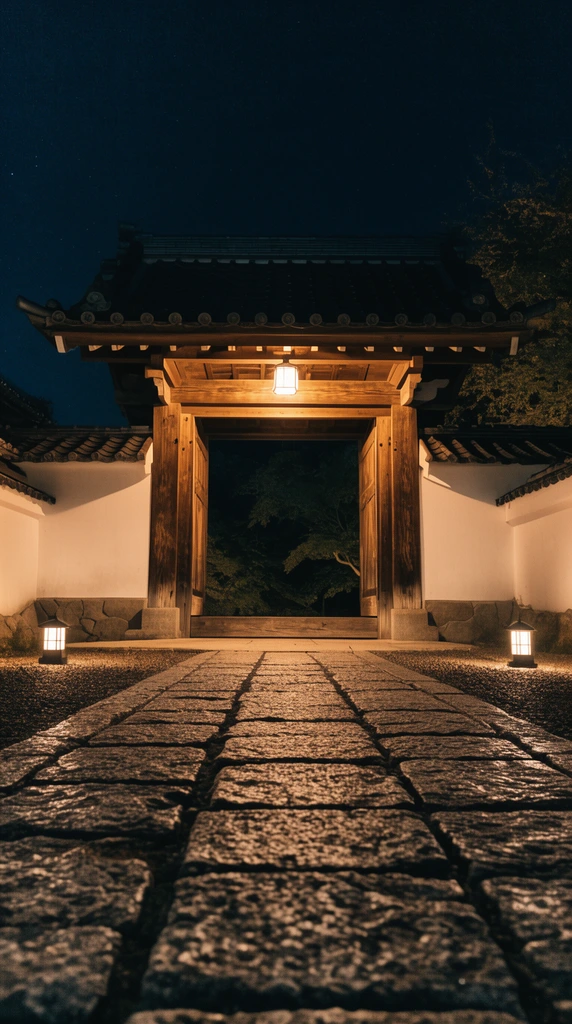 A traditional Japanese wooden gate glows warmly under a dark night sky at the end of a textured stone path. Low-angle framing emphasizes rough paving stones leading to the open entrance, flanked by white walls and small ground lanterns in a symmetrical nighttime composition.