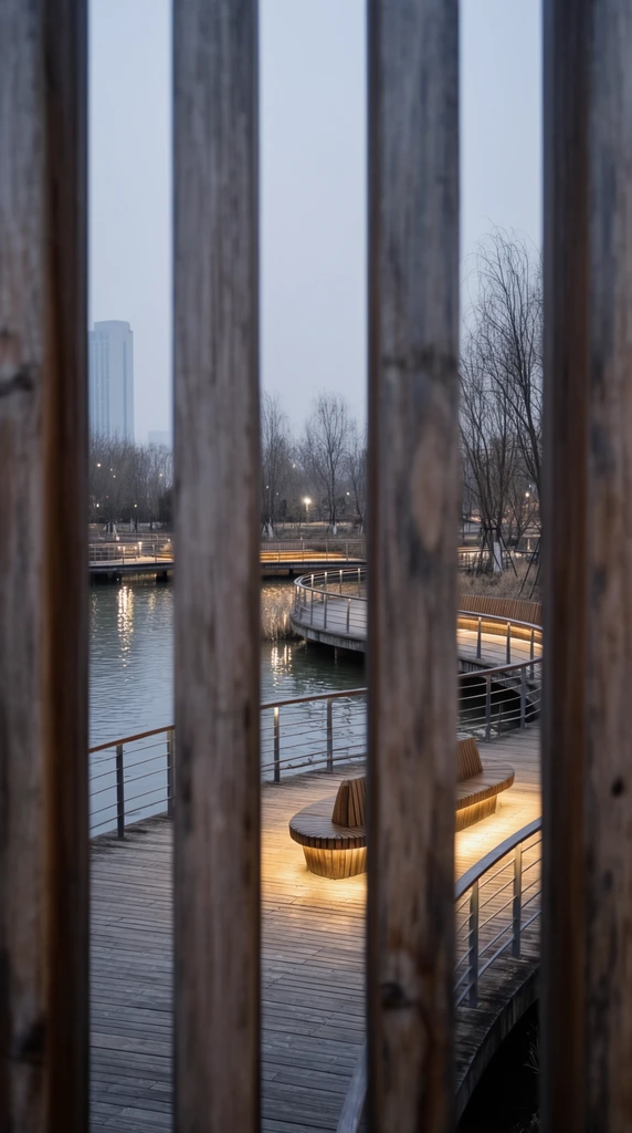 thick vertical wooden slats in the extreme foreground, out of focus weathered wood grain, narrow gaps revealing a winding wooden boardwalk over calm water, metal railings, curved wooden benches illuminated by warm yellow under-lighting, rippling water reflecting artificial lights, distant pale skyscraper, bare winter trees, overcast sky, cool dusk color palette contrasting with warm boardwalk glow, shallow depth of field, strong vertical framing