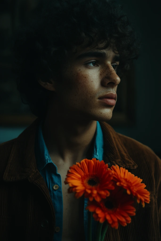 close-up portrait of a young man with curly dark hair and freckles looking right, wearing a brown corduroy jacket and open blue chambray shirt, holding vibrant orange gerbera daisies in the foreground, dramatic cinematic low-key lighting, teal and orange color grading, deep shadows, moody atmosphere, dark indistinct background