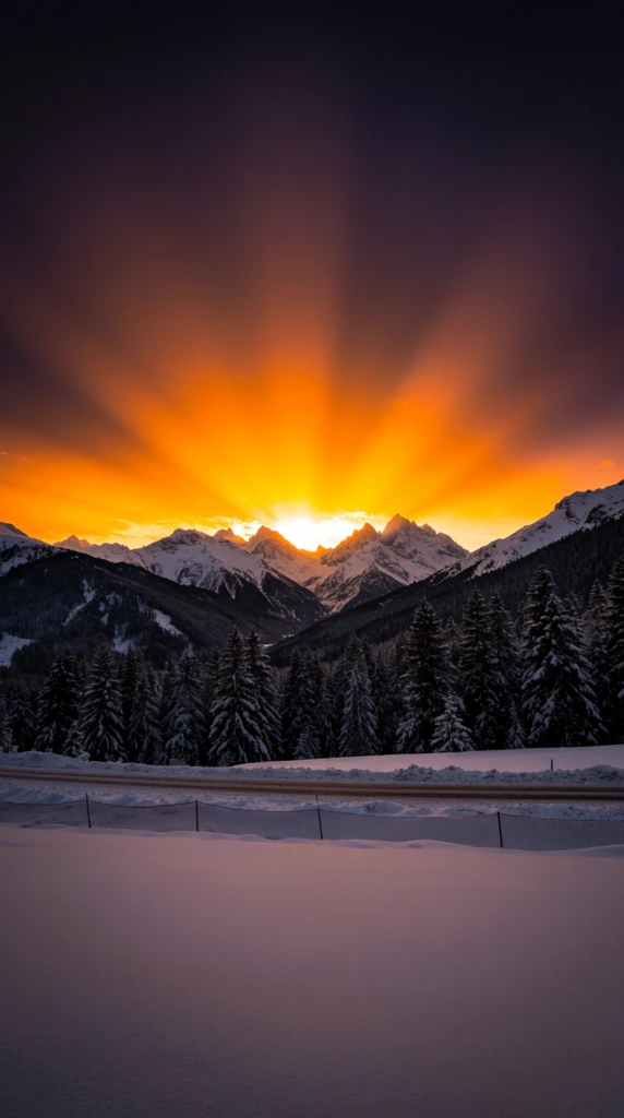 vibrant sunset over snow-capped mountains, intense glowing orange horizon, dark purple sky with prominent crepuscular rays, jagged mountain peaks silhouetted against bright light, dense alpine forest of snow-dusted evergreen trees, wide snowy road in midground, smooth snow field in foreground, low black mesh fencing, high contrast landscape photography, dramatic natural lighting, wide-angle perspective